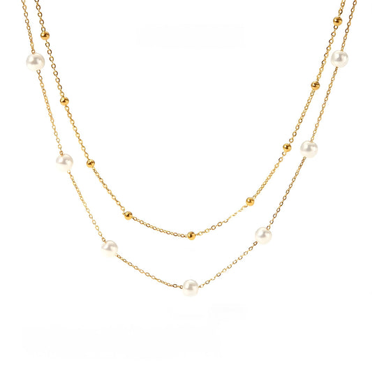 18K Gold Plated Double Strand Floating Pearl Necklace - Ora Dazzle