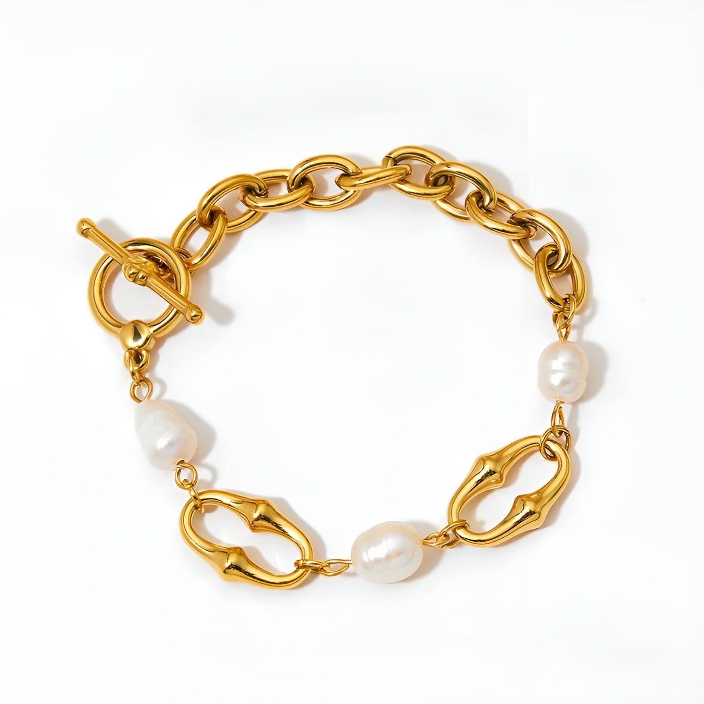 18K Gold Plated Freshwater Pearl Chain Link Bracelet - Ora Dazzle