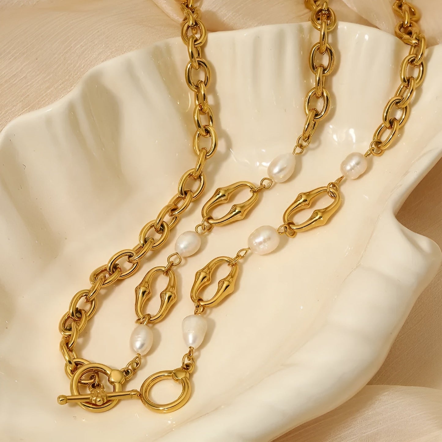 18K Gold Plated Freshwater Pearl Chain Link Necklace - Ora Dazzle