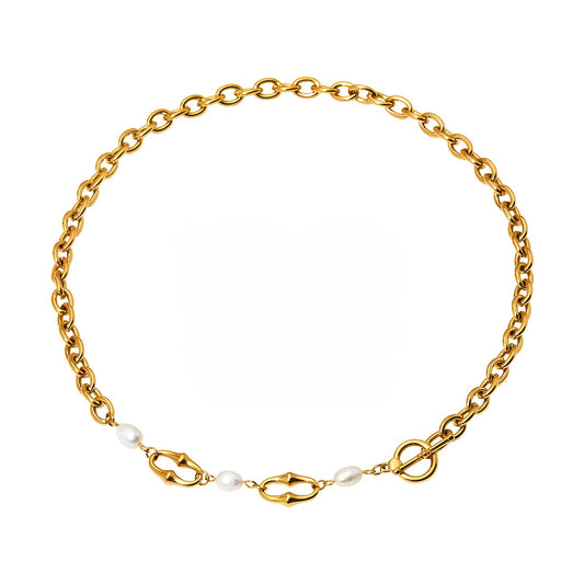 18K Gold Plated Freshwater Pearl Chain Link Necklace - Ora Dazzle