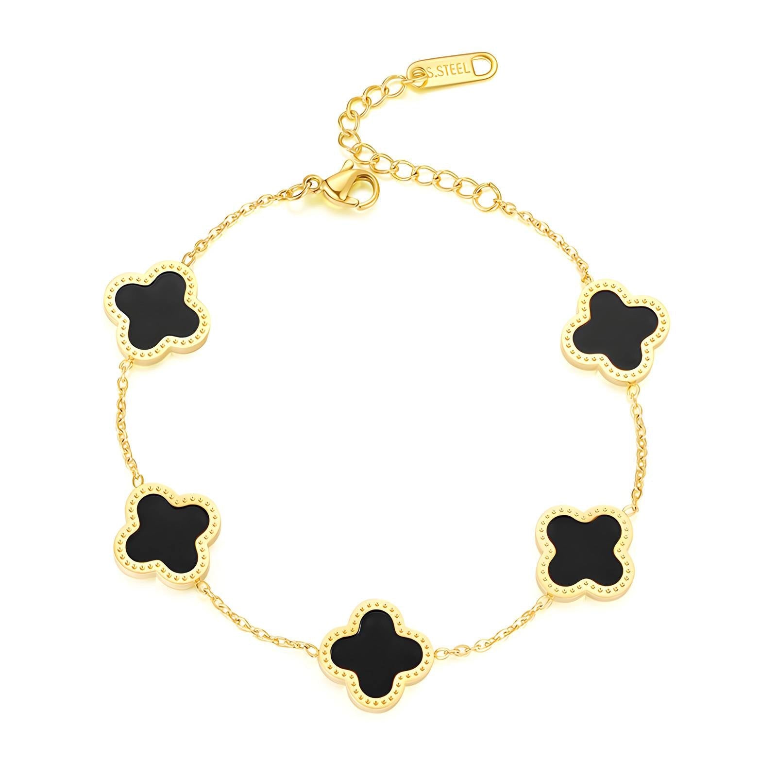 18K Gold Plated Stainless Steel Black Four - leaf Clover Bracelet - Ora Dazzle