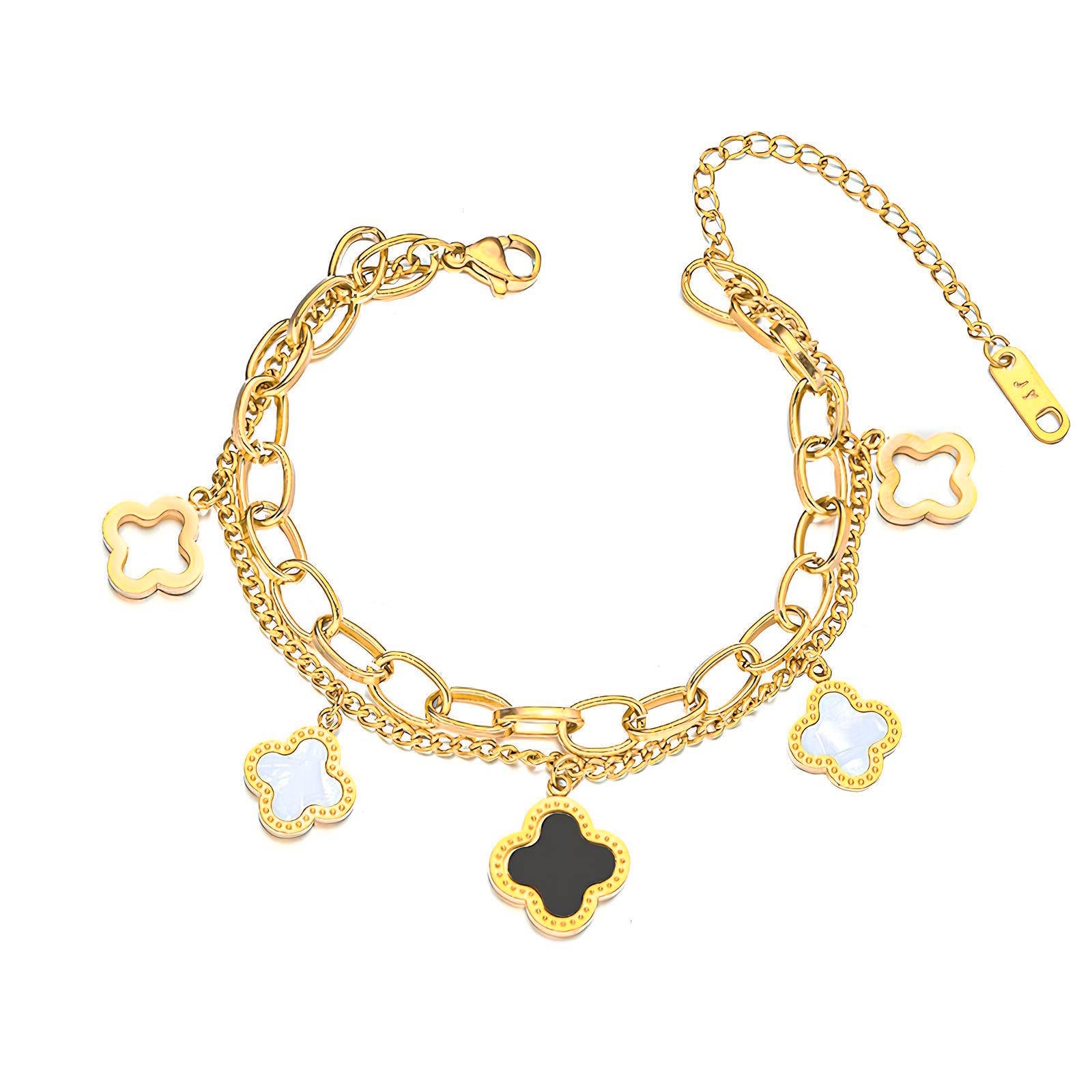 18K Gold Plated Stainless Steel Black Four - Leaf Clover Charm Bracelet - Ora Dazzle