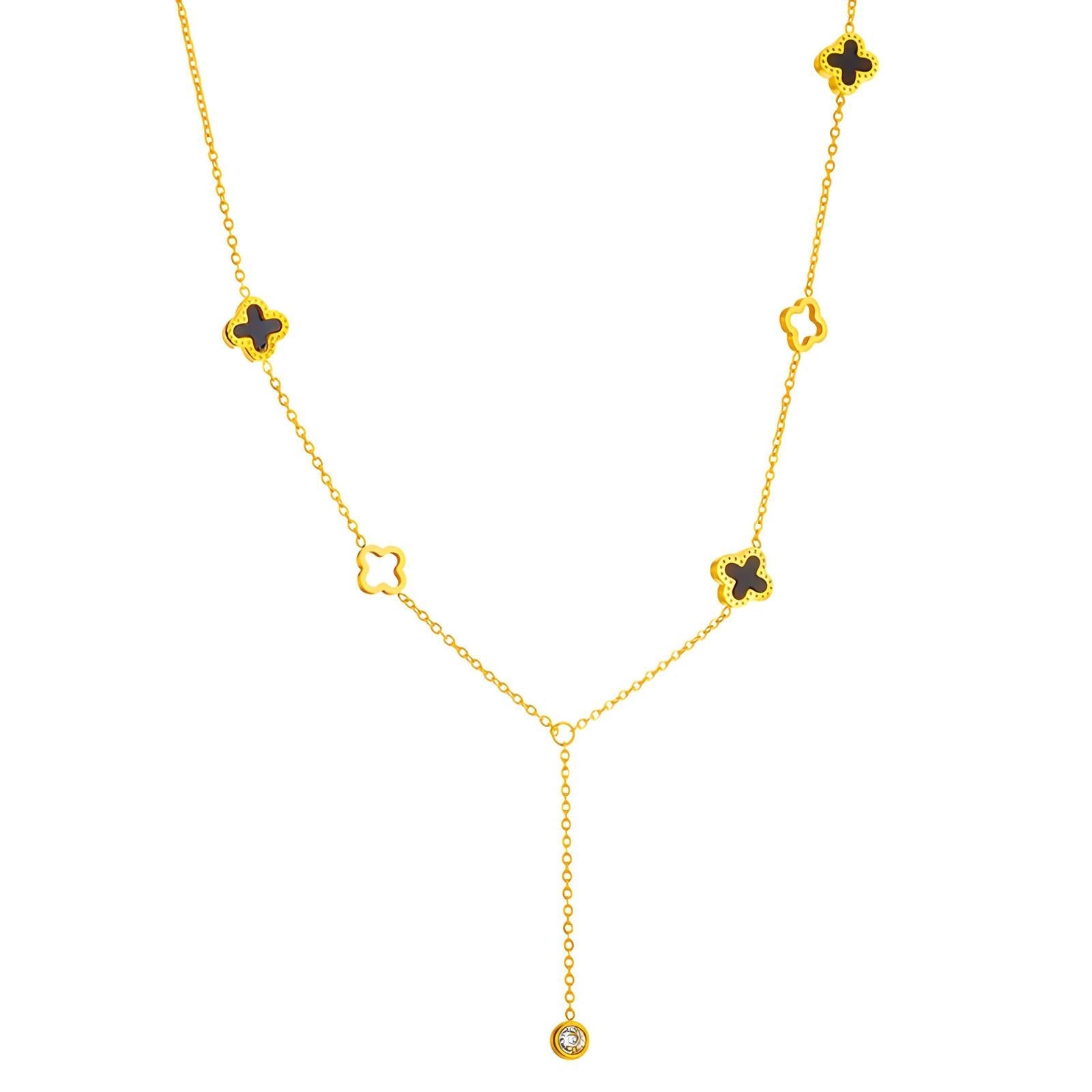 18K Gold Plated Stainless Steel Black Four - leaf Clover Drop Y - shaped Necklace - Ora Dazzle