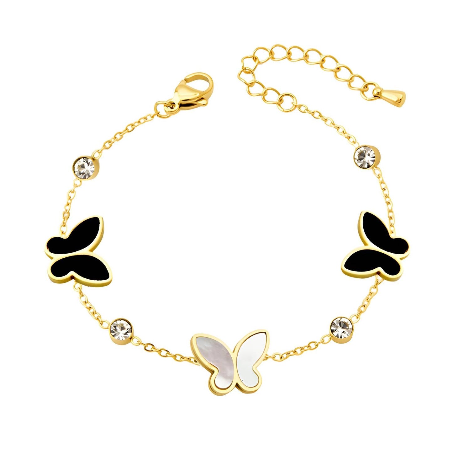 18K Gold Plated Stainless Steel Black White Butterfly Charm Bracelet - Ora Dazzle