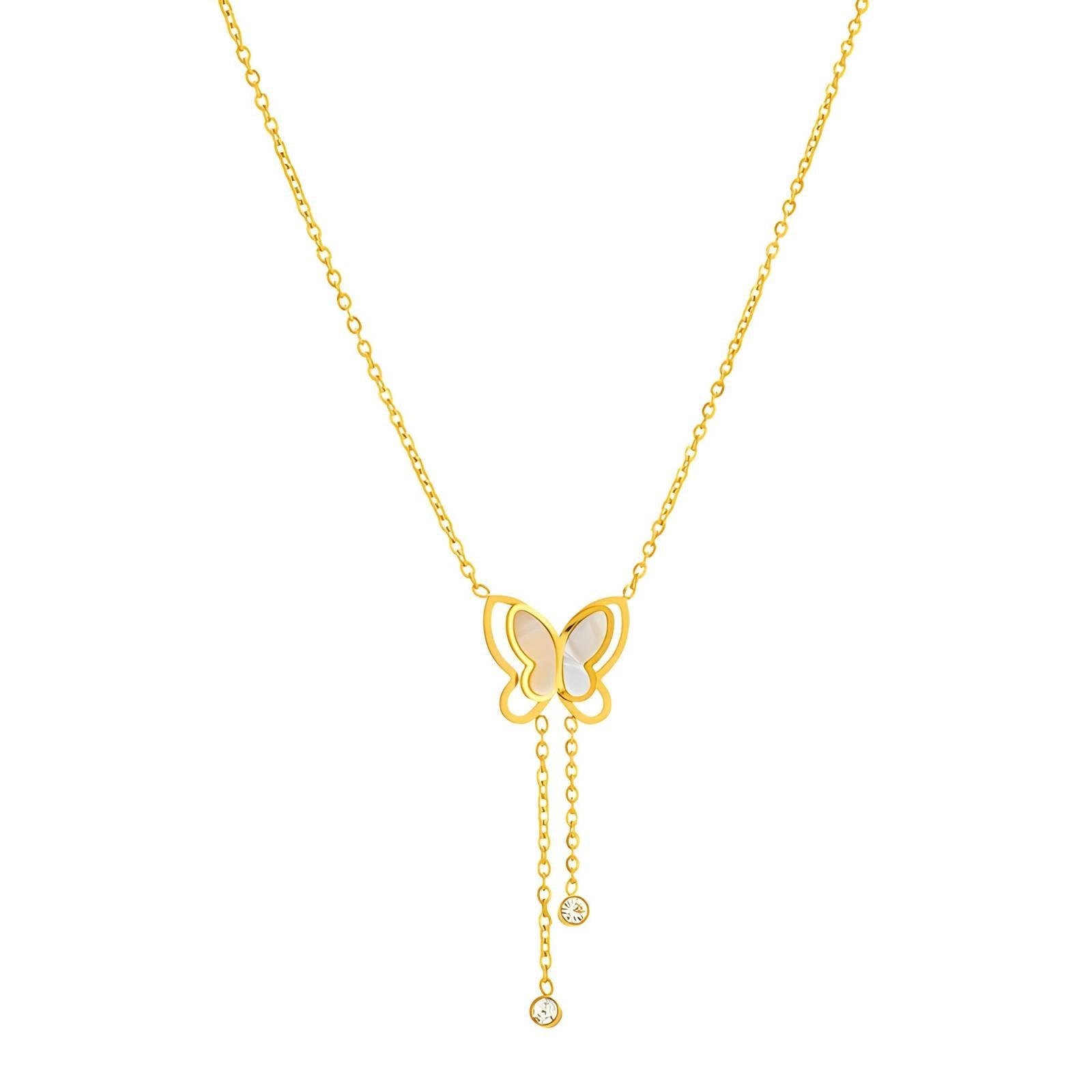 18K Gold Plated Stainless Steel Butterfly Pendant Y - shaped Necklace - Ora Dazzle