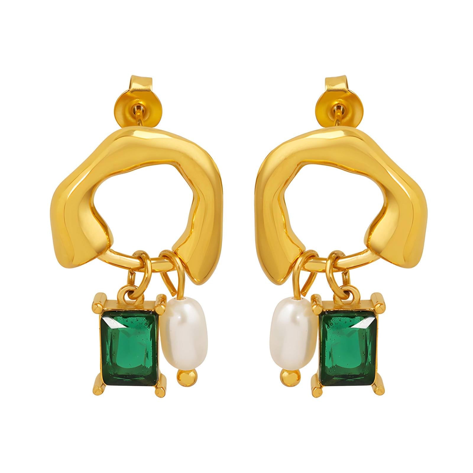 18K Gold Plated Stainless Steel Emerald Pearl Elegance Earrings - Ora Dazzle