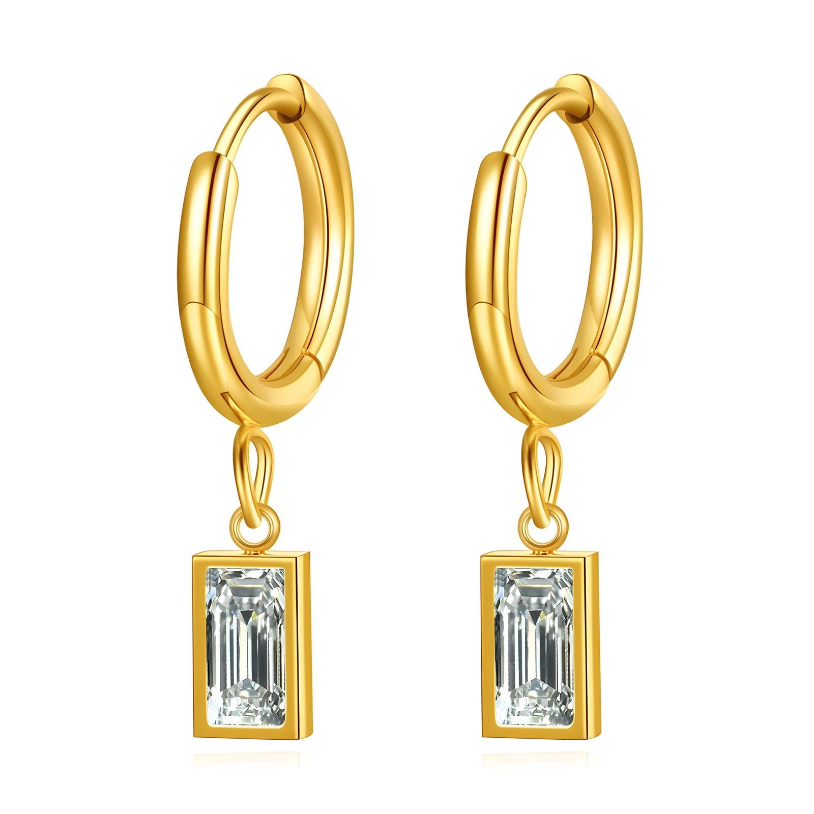 18K Gold Plated Stainless Steel Gold Hoop Earrings with Rectangular Crystal Drops - Ora Dazzle