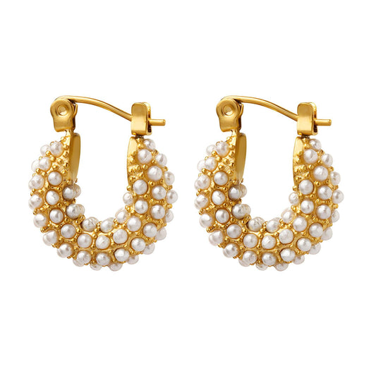 18K Gold Plated Stainless Steel Golden Pearl Cluster Hoop Earrings - Ora Dazzle