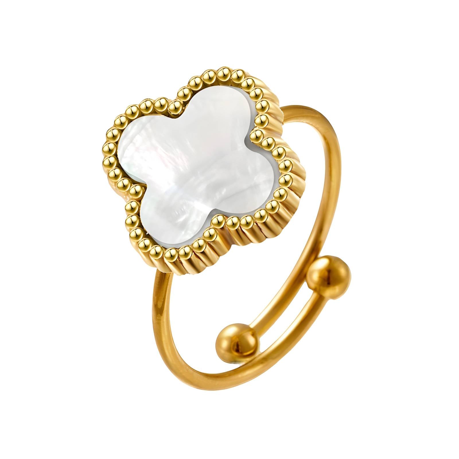 18K Gold Plated Stainless Steel White Four - Leaf Clover Adjustable Finger Ring - Ora Dazzle