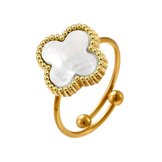 18K Gold Plated Stainless Steel White Four - Leaf Clover Adjustable Finger Ring - Ora Dazzle