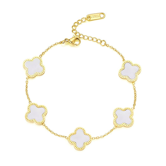 18K Gold Plated Stainless Steel White Four - leaf Clover Bracelet - Ora Dazzle