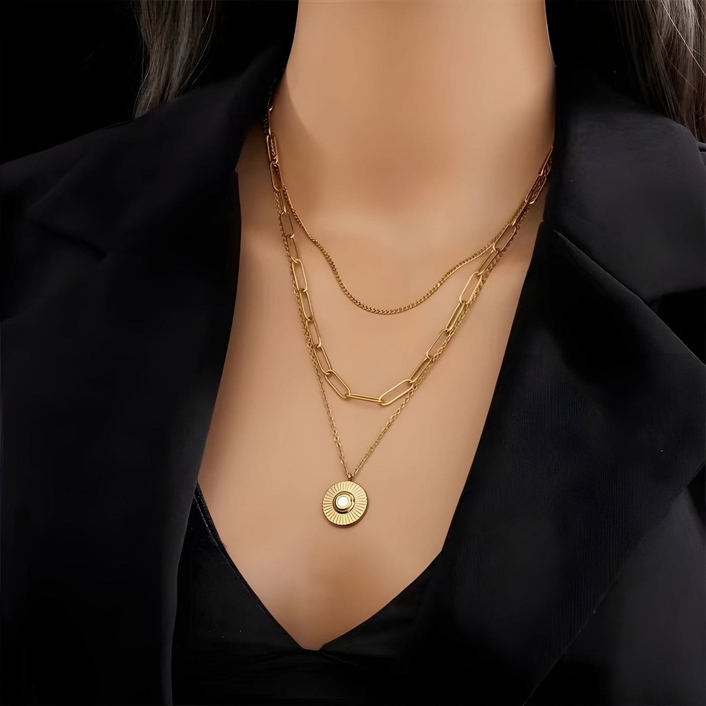 18K Gold Plated Triple Layered Chain Necklace - Ora Dazzle